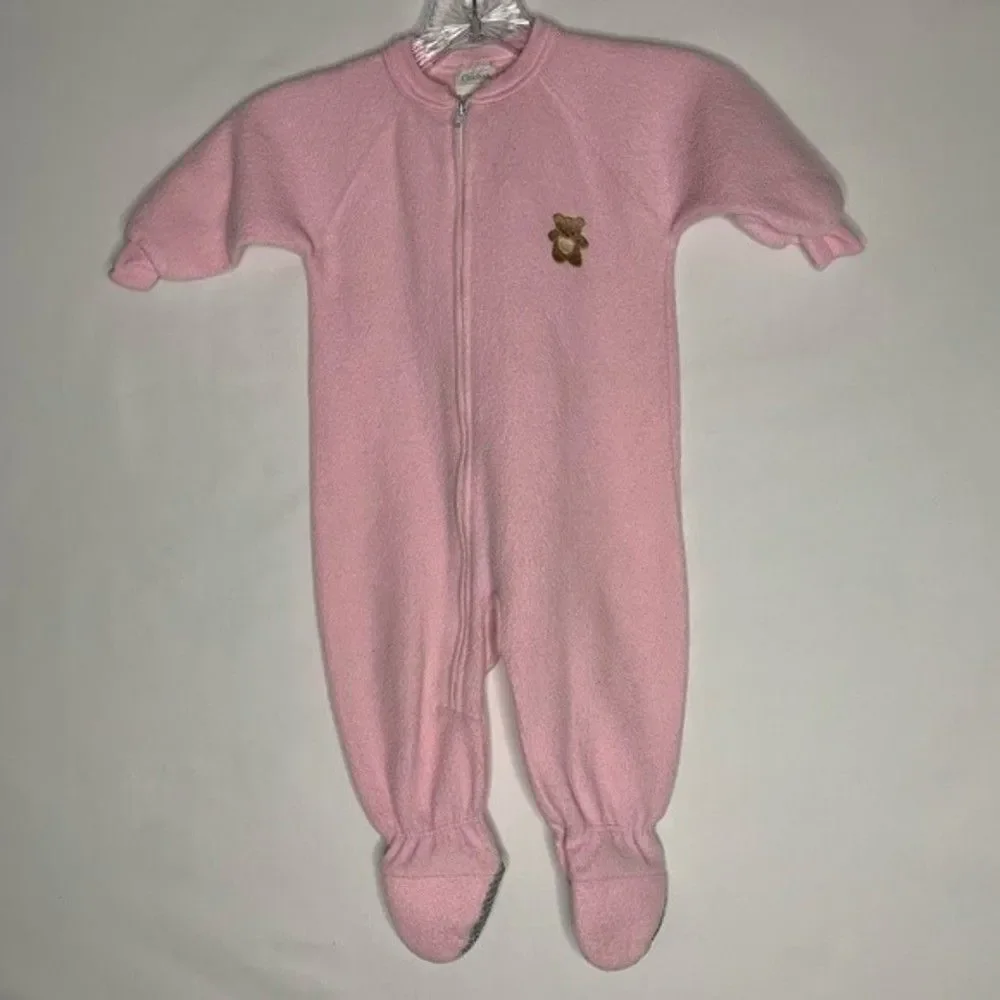 Vintage Carters Pink Full Zip One Piece Sleeper Footed Pajamas Teddy Embroidered